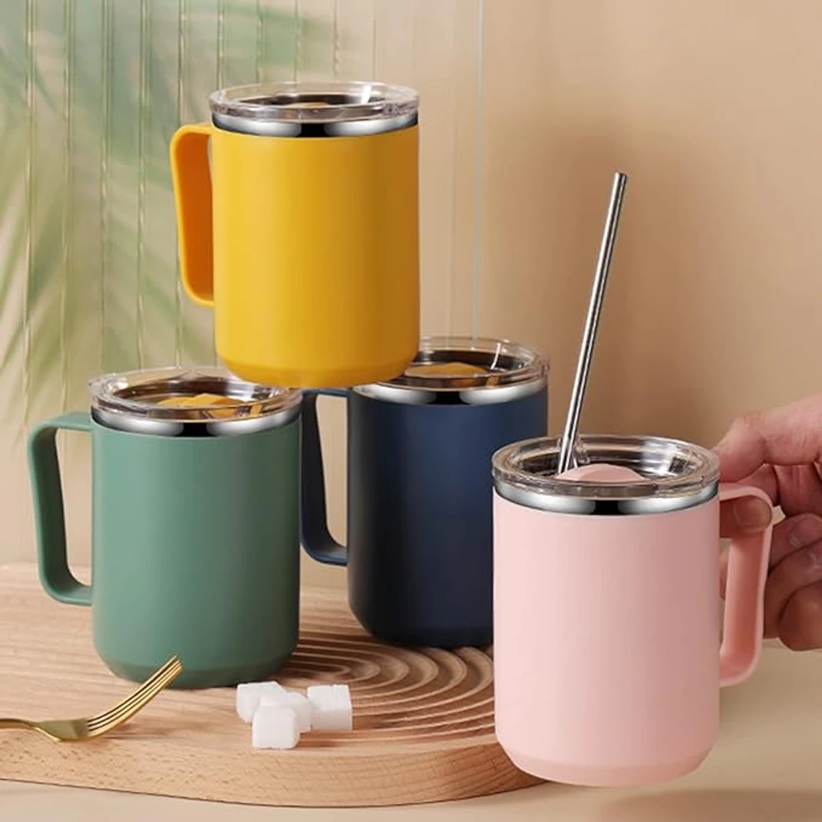 Kripyery Coffee Mug with Handle Lid Straw Insulated Cup