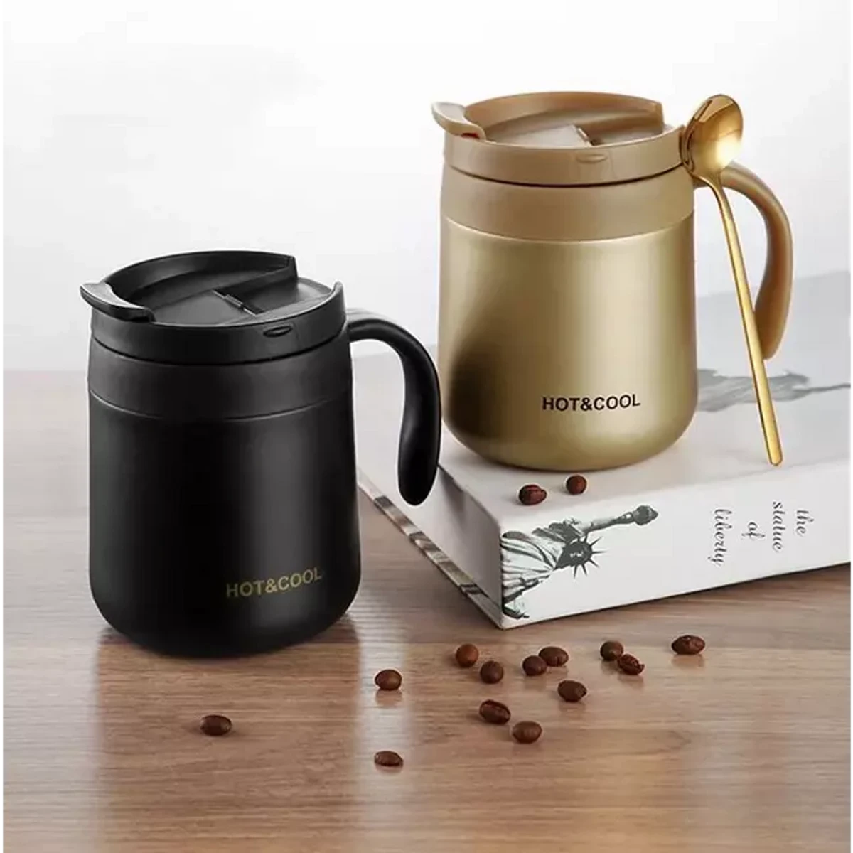 Gteller Stainless Steel Double Walled Insulated Coffee Mug with Lid and Handle Keeps Drinks Hot and Cold