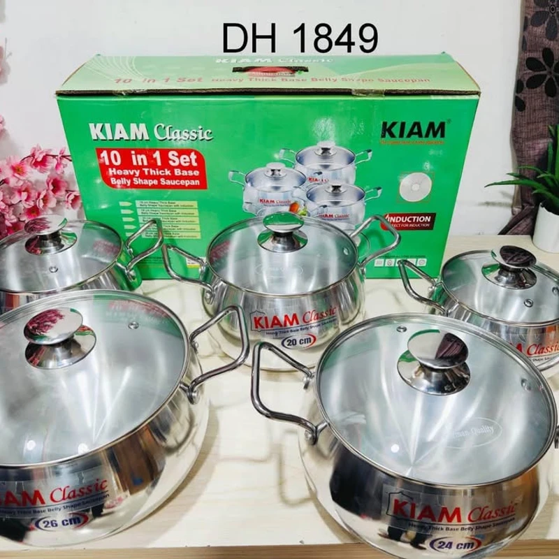 Glass lid Kiam Heavy Thick Base Belly Shape Saucepan 10 in 1 set ( induction bottom )