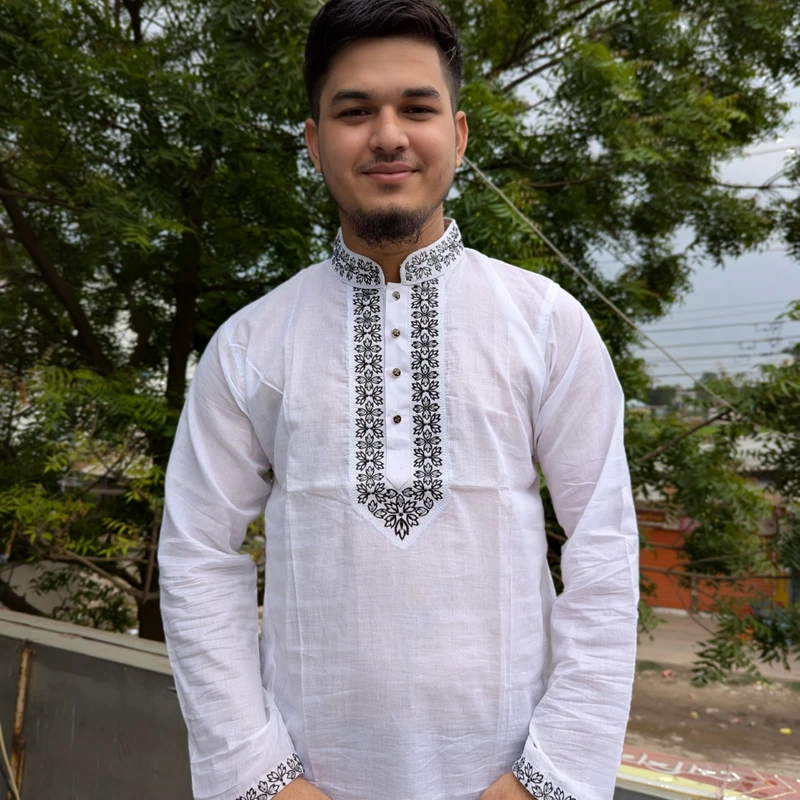 Adhi Dhuti Kaporer Embroidery Panjabi (Full White)