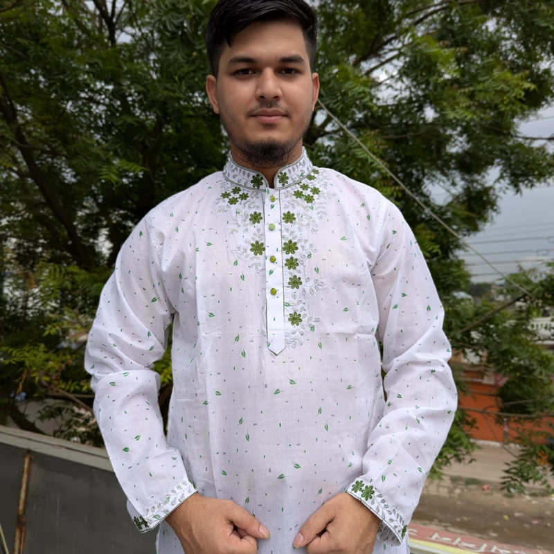 Adhi Dhuti Kaporer Embroidery Panjabi (Green Prints)