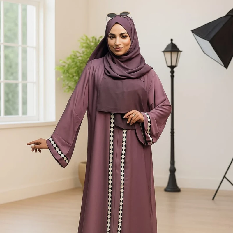 1Part Chain Embroidery & Stonework Borka with Hijab Dubai Cherry Fabrics - Image 4