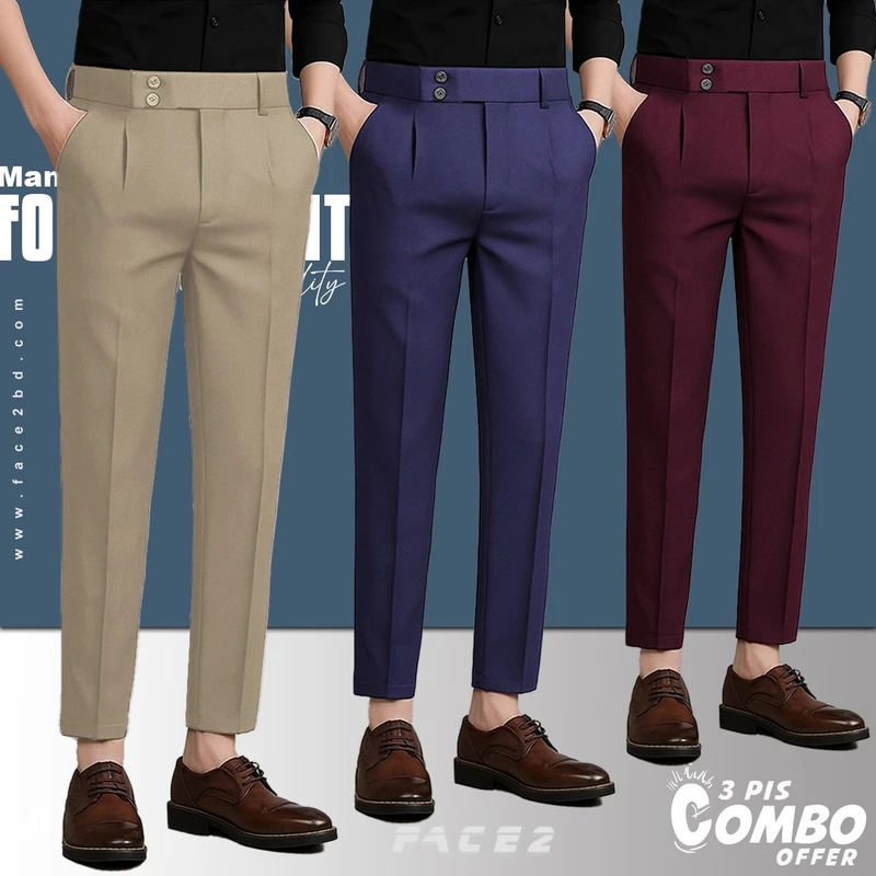 Mens Premium Formal Pant 3 pcs Combo ( Blue , Beige , Maroon )