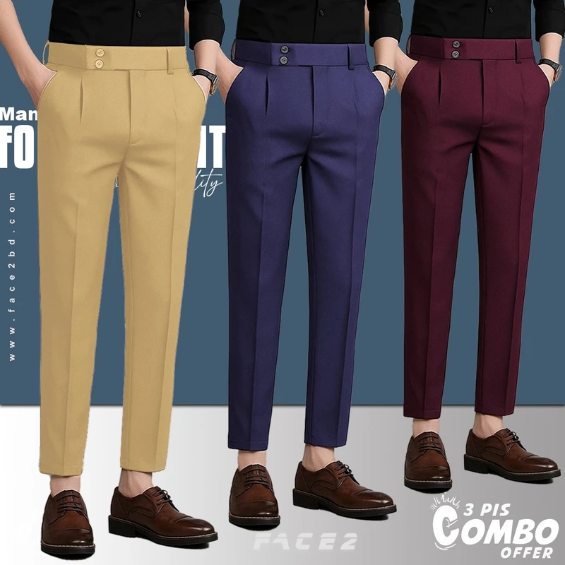 Mens Premium Formal Pant 3 pcs Combo ( Blue , Beige , Maroon )