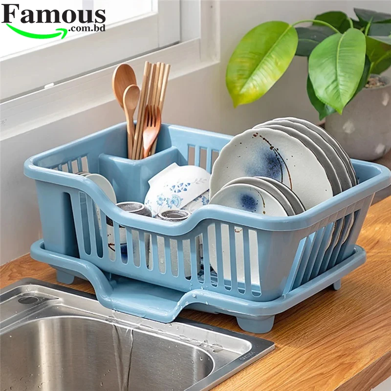Wolpin Plastic Dish Drainer Drying Rack 3 in 1 Kitchen Sink Organisers Water Drain Tray,