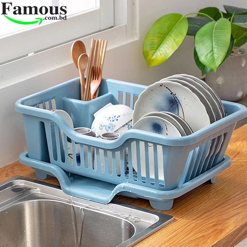 Wolpin Plastic Dish Drainer Drying Rack 3 in 1 Kitchen Sink Organisers Water Drain Tray, - Image 5