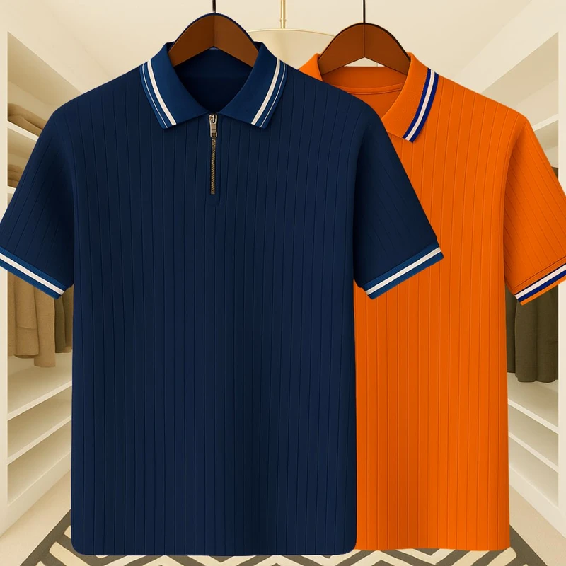 2 Pics Premium Knit Ribbed Zipper Polo(Blue,Brick)