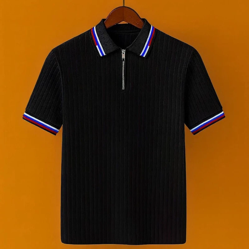 Premium Knit Ribbed Zipper Polo – Where Comfort Meets Style(Black)