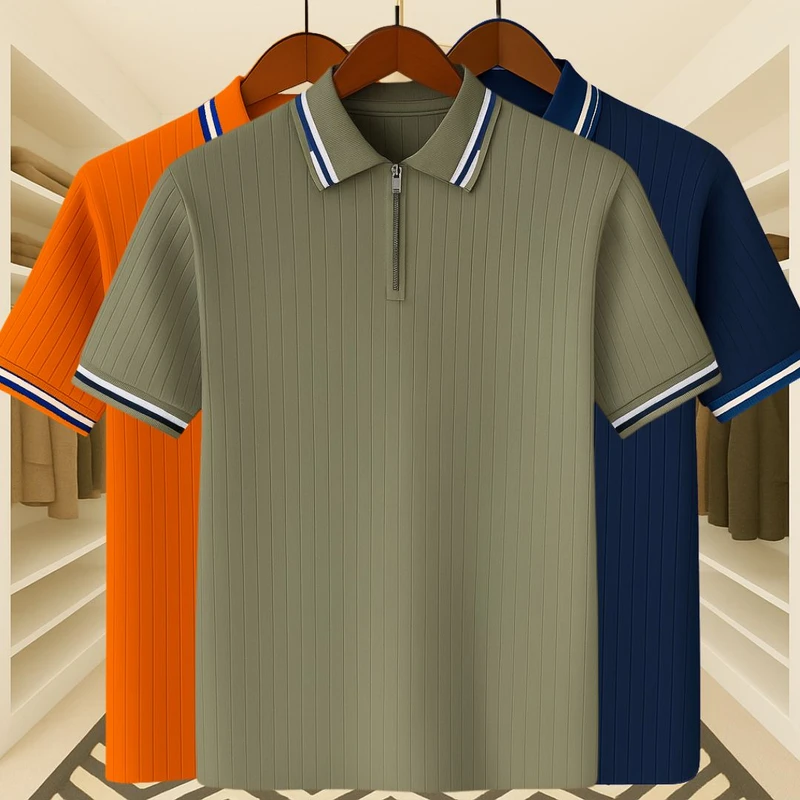 3 Pics Premium Knit Ribbed Zipper Polo(Brick,Olive Green,Blue)