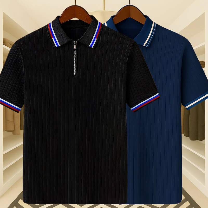 2 Pics Premium Knit Ribbed Zipper Polo(Black,Blue)