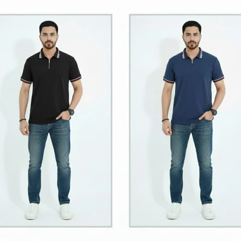 2 Pics Premium Zipper Polo — Zip Into Everyday Style(Black,Blue)