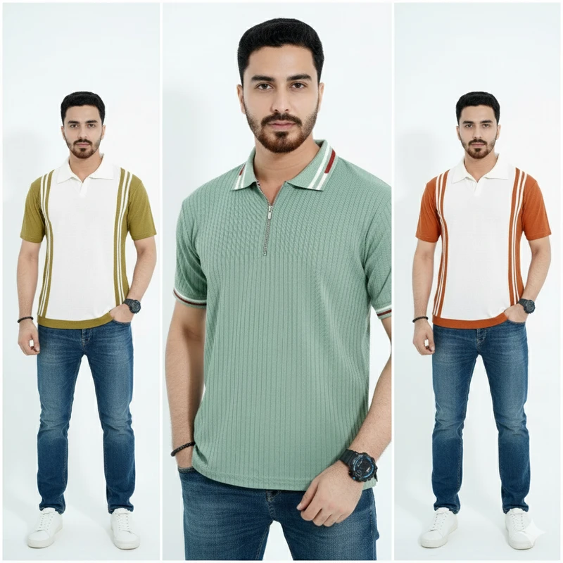 Premium Cotton Zipper Polo 3 Pieces Combo Olive, Maroonn, Greenish