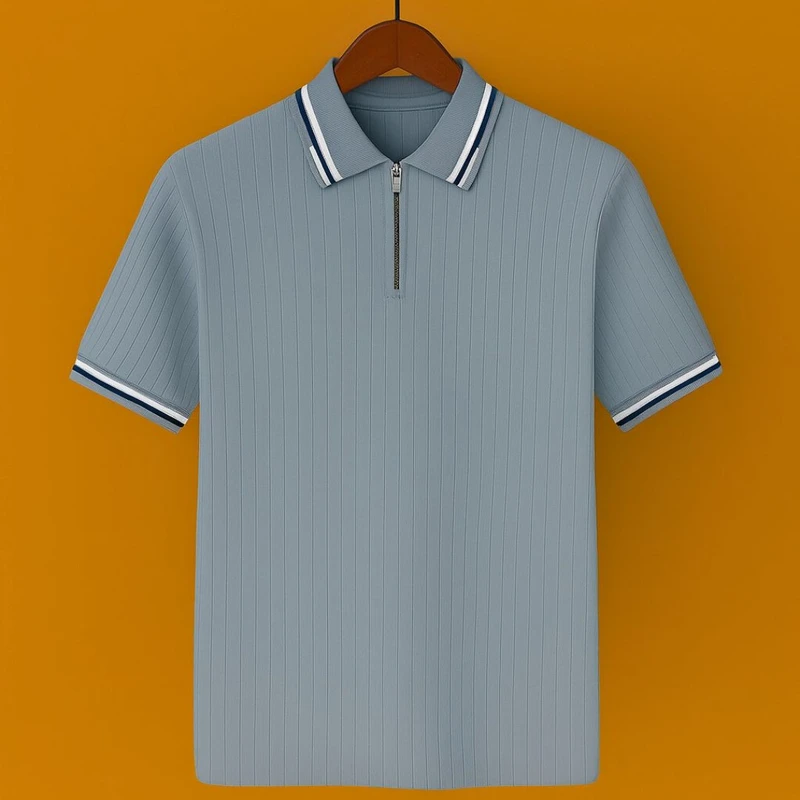 Premium Knit Ribbed Zipper Polo – Where Comfort Meets Style(Dusty Blue)