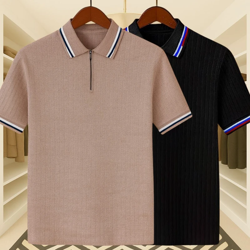 2 Pics Premium Knit Ribbed Zipper Polo(Black,Beige)