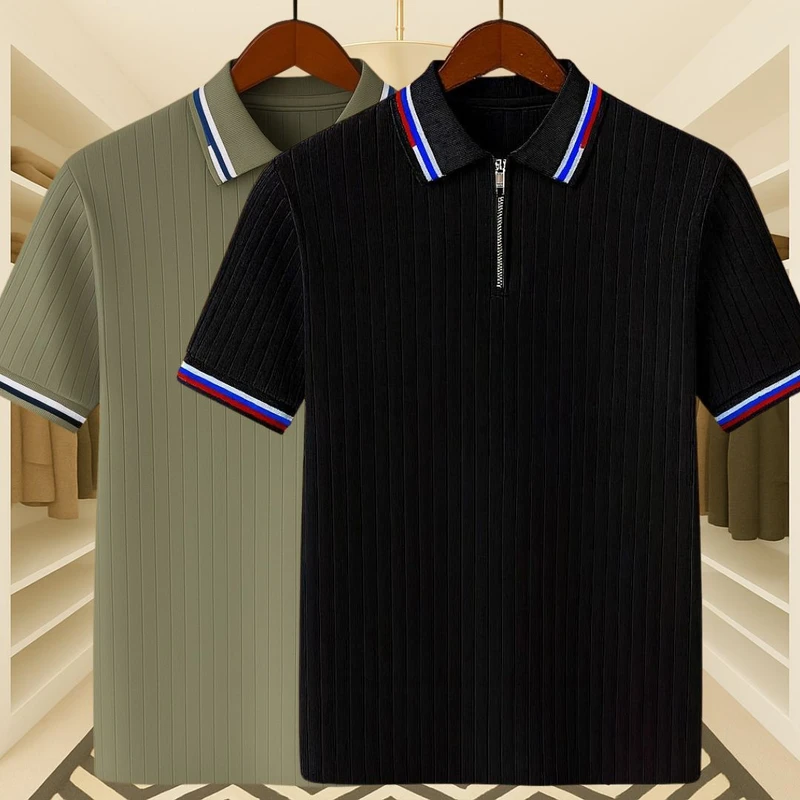 2 Pics Premium Knit Ribbed Zipper Polo(Olive Green,Black)