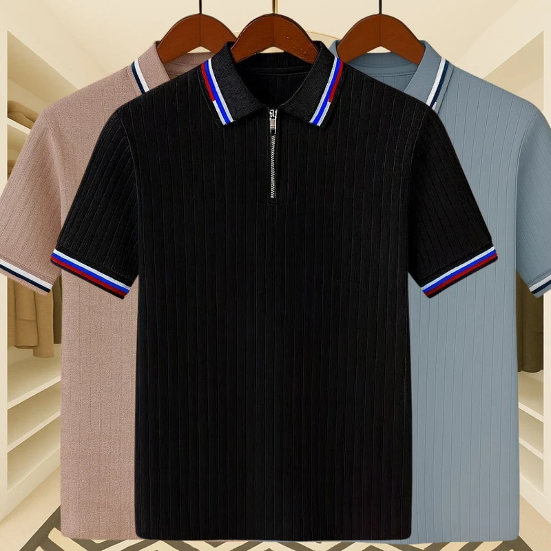 3 Pics Premium Knit Ribbed Zipper Polo(Olive Green,Beige,Black)