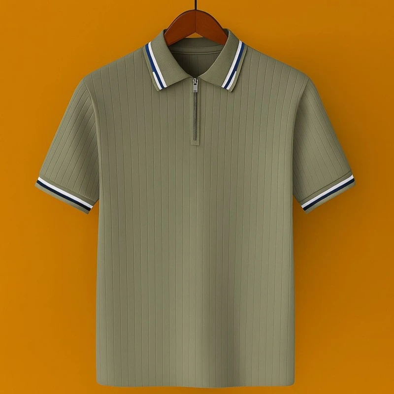 Premium Knit Ribbed Zipper Polo – Where Comfort Meets Style(Olive Green)