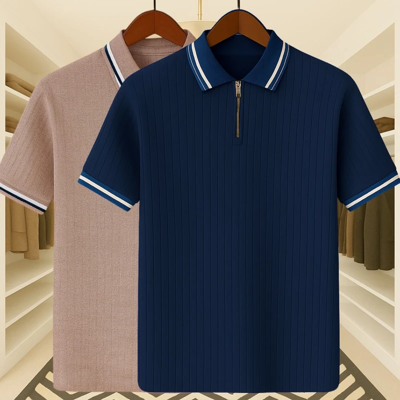 2 Pics Premium Knit Ribbed Zipper Polo(Beige,Blue)