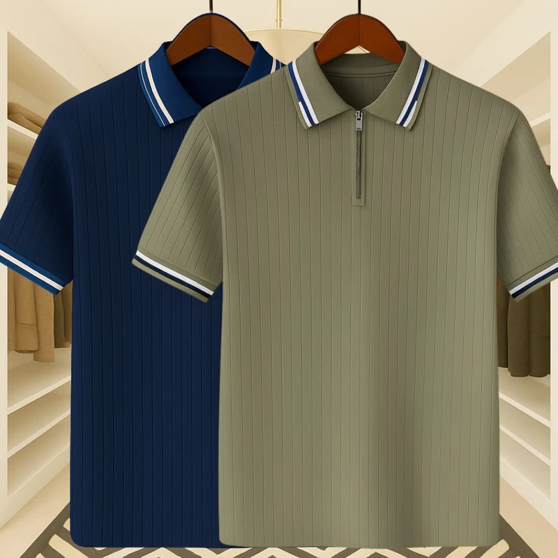 2 Pics Premium Knit Ribbed Zipper Polo(Blue,Olive Green)