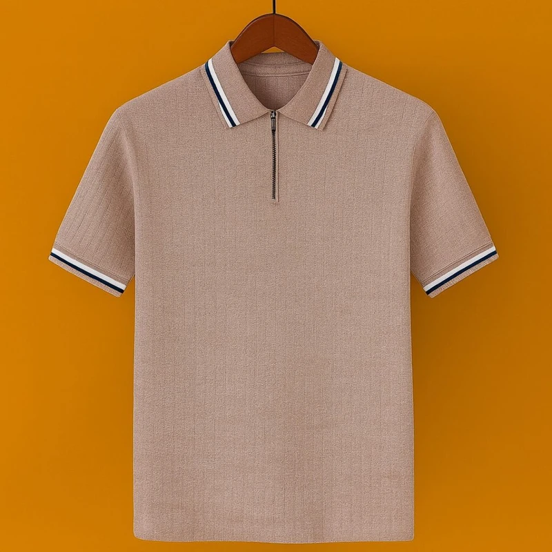 Premium Knit Ribbed Zipper Polo – Where Comfort Meets Style(Beige)