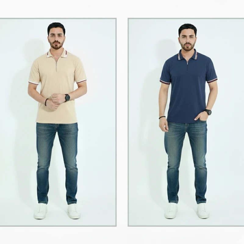 Cream and Navy Blue Premium Zipper Polo 2 Pieces Combo