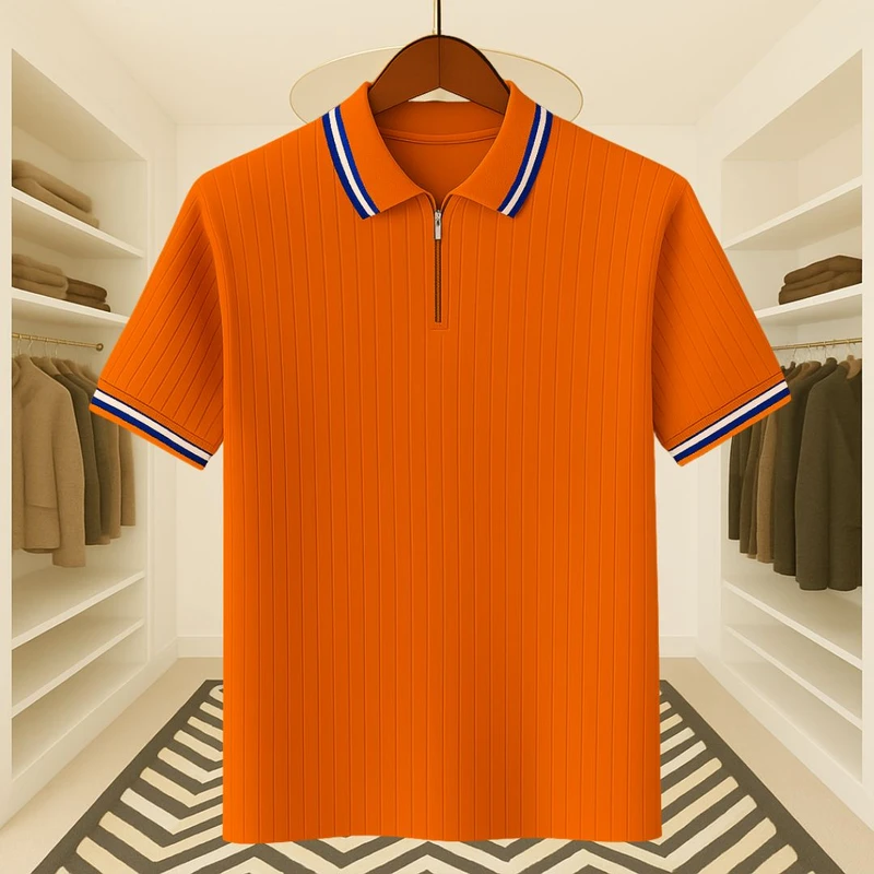 Premium Knit Ribbed Zipper Polo – Where Comfort Meets Style(Brick Color)