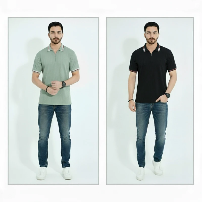 Light Greenish & Black Premium Zipper Polo T-shirt Combo 2 Pieces