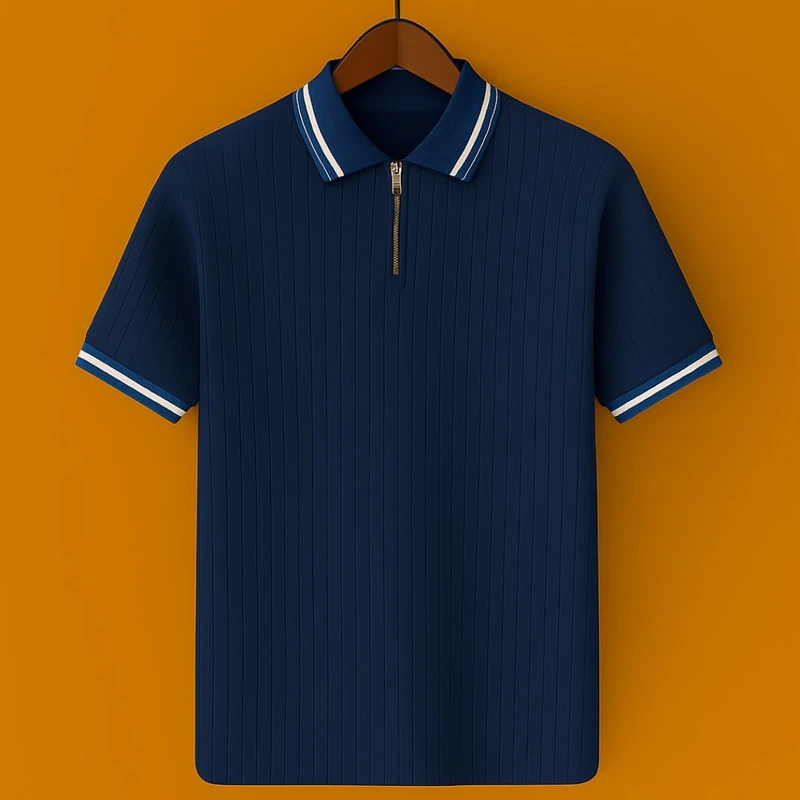 Premium Knit Ribbed Zipper Polo – Where Comfort Meets Style(Blue)