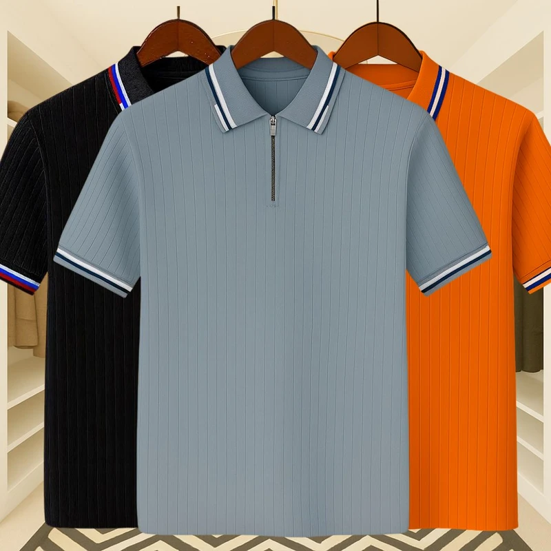 3 Pics Premium Knit Ribbed Zipper Polo(Dusty Blue,Black,Brick)