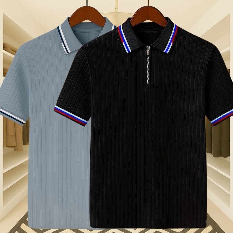 2 Pics Premium Knit Ribbed Zipper Polo(Dusty Blue,Black)
