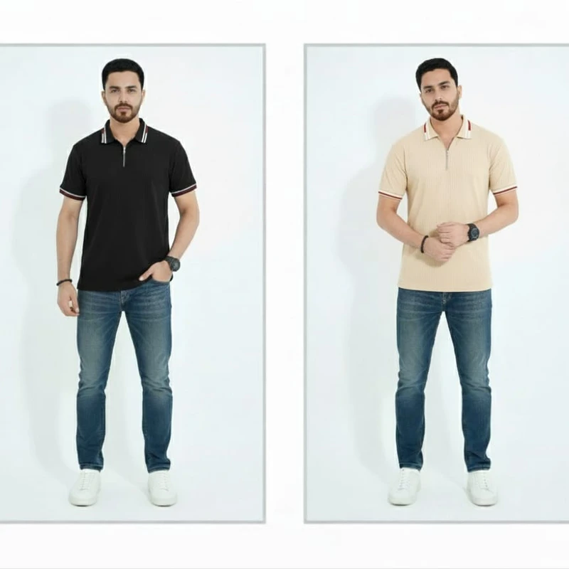 2 Pics Premium Zipper Polo — Zip Into Everyday Style(Black,Beige)
