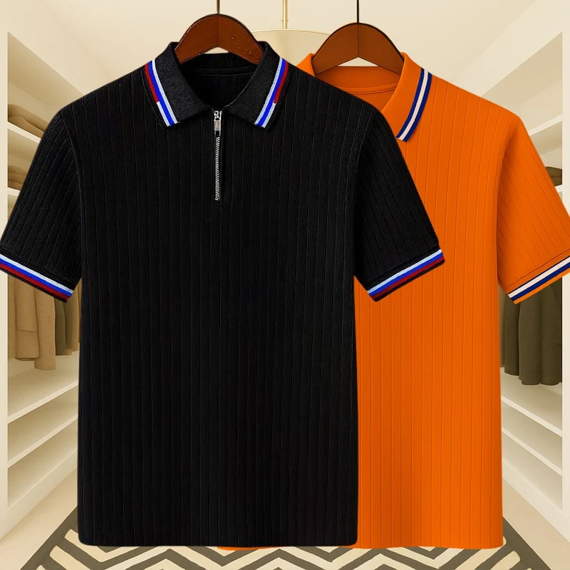 2 Pics Premium Knit Ribbed Zipper Polo(Black,Brick)