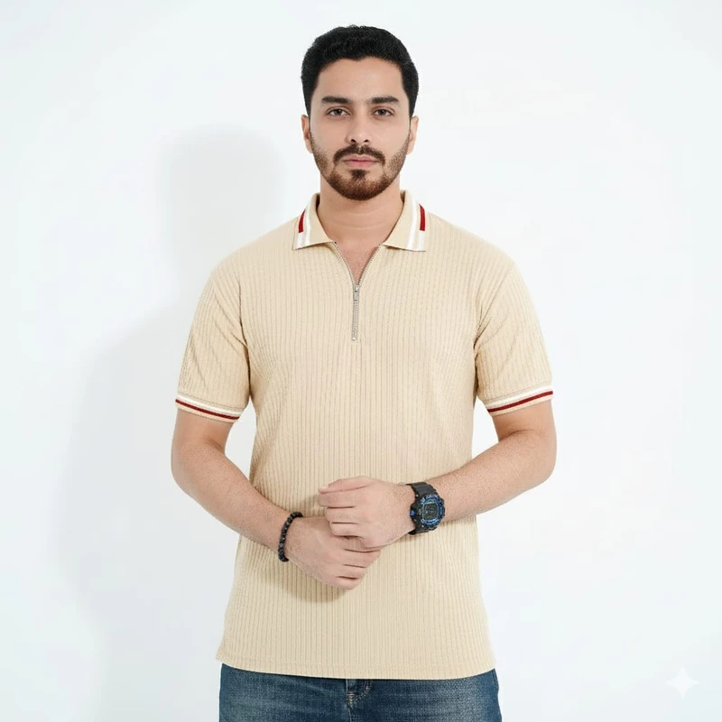 Premium Zipper Polo — Zip Into Everyday Style(Beige)