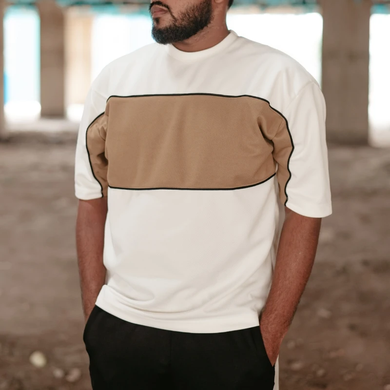 Sand Panel – Drop Shoulder Tee (Off-White & Sand Brown)