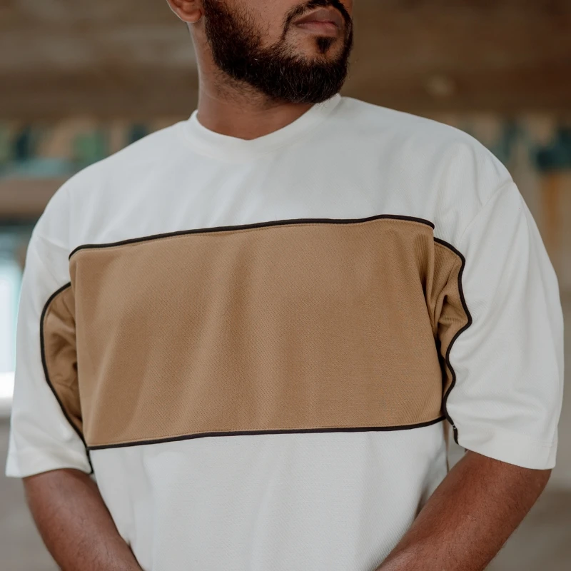 Sand Panel – Drop Shoulder Tee (Off-White & Sand Brown) - Image 3