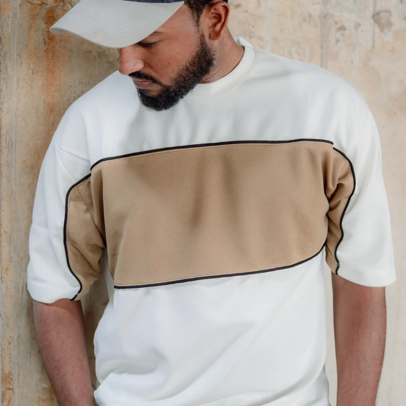 Sand Panel – Drop Shoulder Tee (Off-White & Sand Brown) - Image 4