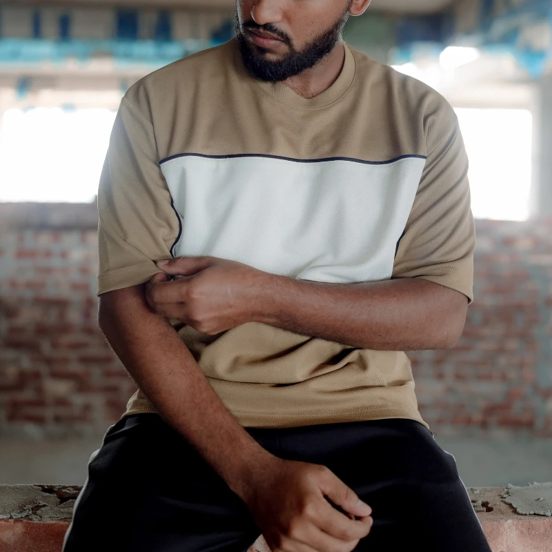 Desert Ice – Drop Shoulder Tee (Camel Brown & White)