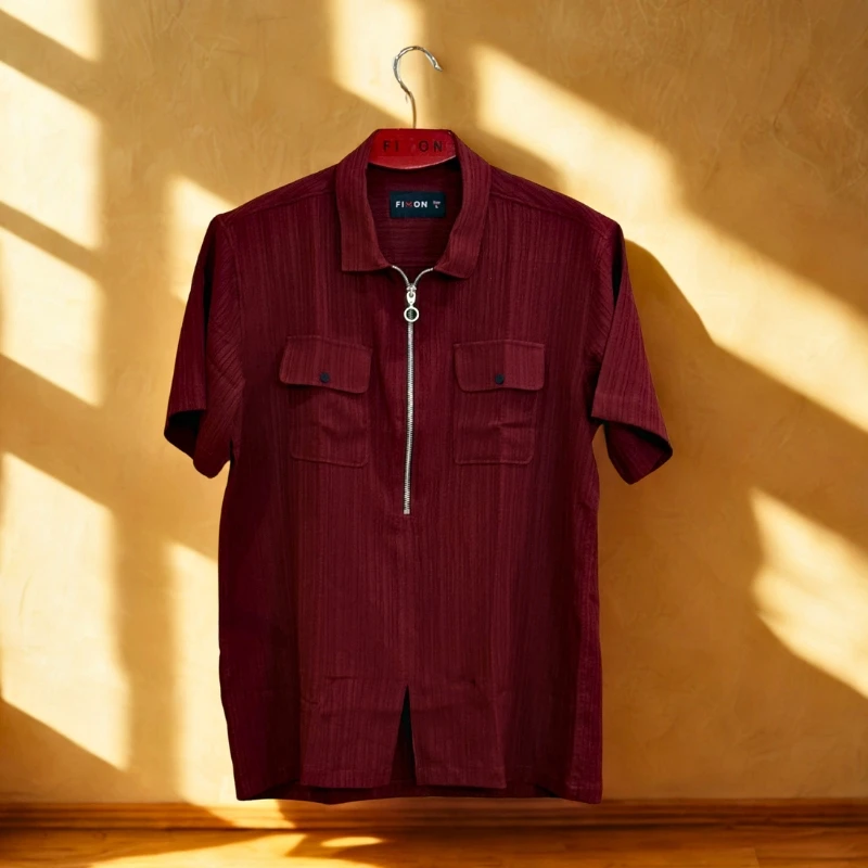 ZipFront Popcorn Shirt - Rich Burgundy Maroon