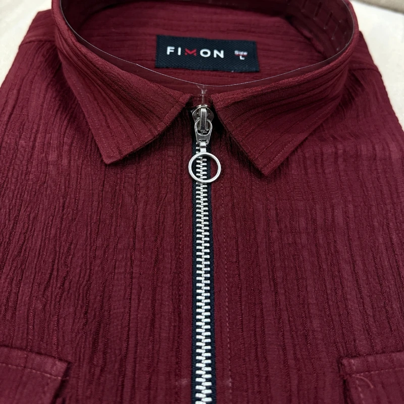 ZipFront Popcorn Shirt - Rich Burgundy Maroon - Image 5