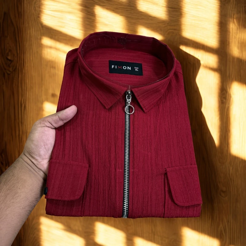 Wine Maroon ZipFront Popcorn Shirt - Image 3
