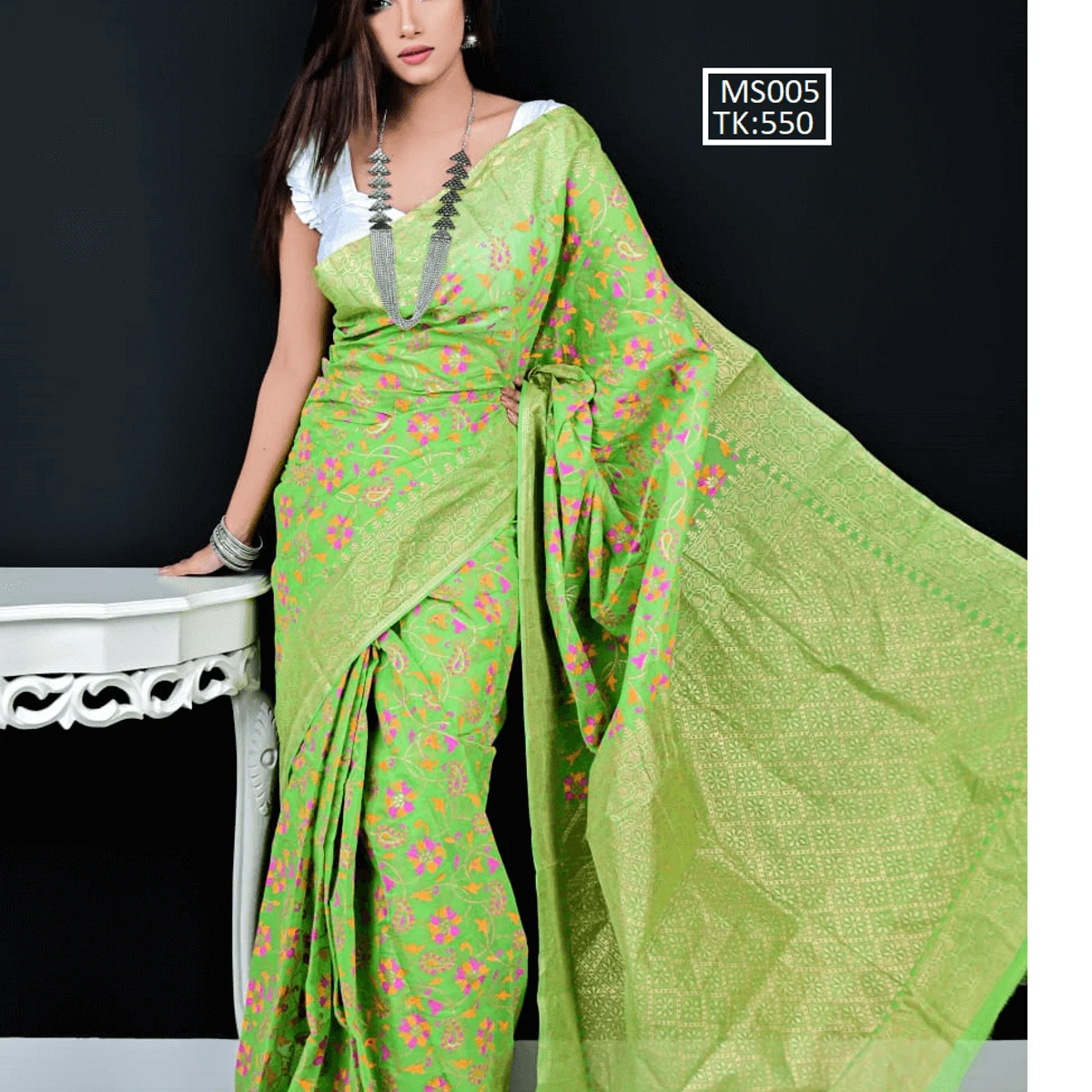 Premium Quality Screen Printed Half Silk Sharee 12 Hand Color Guaranteed- Lite Green Colour MS005