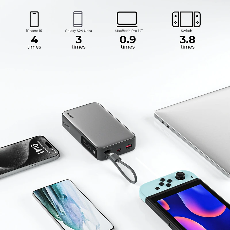 AUKEY PB-Y48 Spark Sling 20000 Compact Fast Charging Power Bank with Built-in USB-C Cable - Image 3