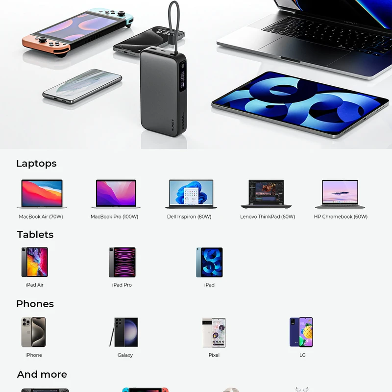 AUKEY PB-Y48 Spark Sling 20000 Compact Fast Charging Power Bank with Built-in USB-C Cable - Image 8