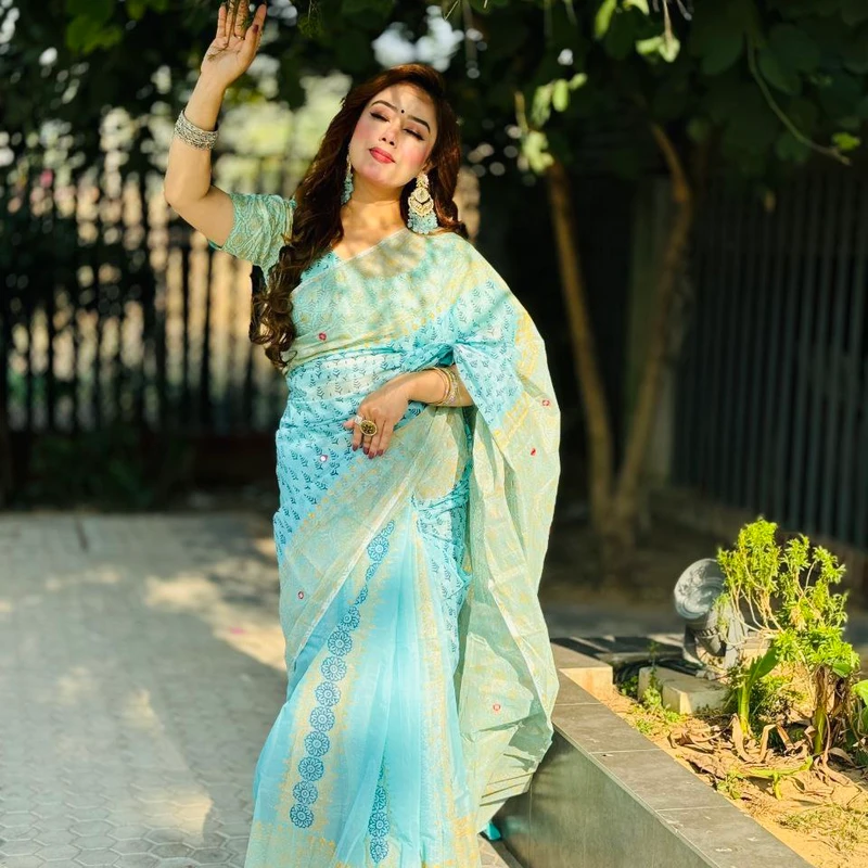 💧প্রিমিয়াম সেমি মসলিন শাড়ী + ব্লাউজ পিছ (কোড- 249)💧