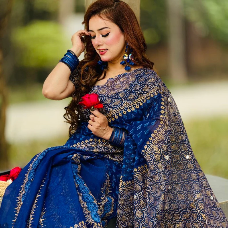 💧প্রিমিয়াম সেমি মসলিন শাড়ী + ব্লাউজ পিছ (কোড- 246)💧