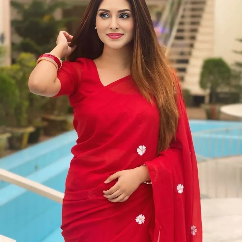 💧প্রিমিয়াম কোয়ালিটি জর্জেট শাড়ী+-ব্লাউজ-পিছ-(কোড-257)💧