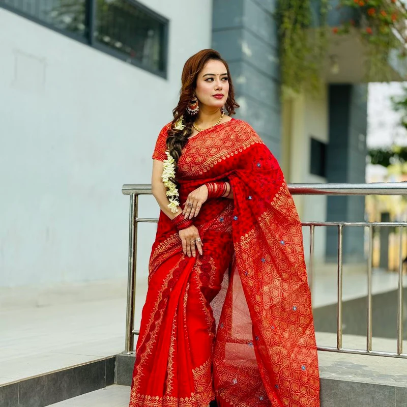 💧প্রিমিয়াম সেমি মসলিন শাড়ী + ব্লাউজ পিছ (কোড- 247)💧