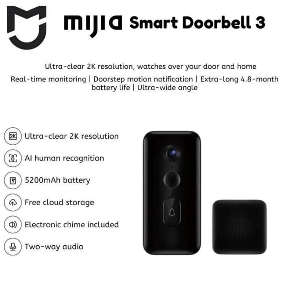 Xiaomi Smart Doorbell 3 Sharp 2K Clarity 5200mAh Battery - Image 1