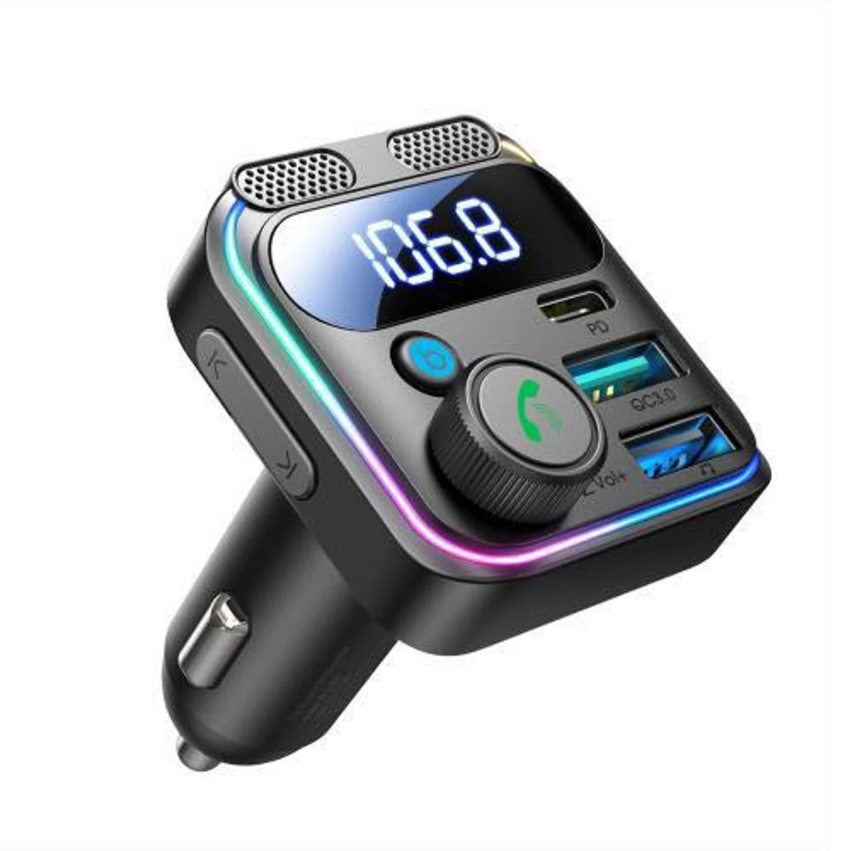 48W Dual-Mic Car Wireless FM Transmitter-Black