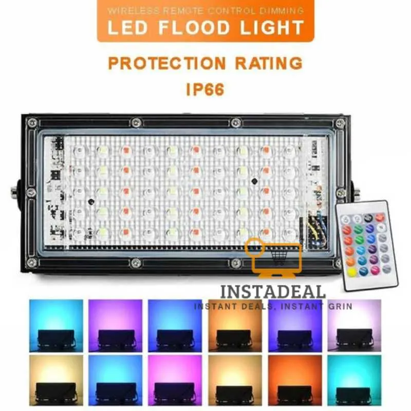 RGB LED Flood Light- Remote Controlled IP66 Waterproof Landscape & Outdoor Lighting (50W, AC220V) – Black Color
